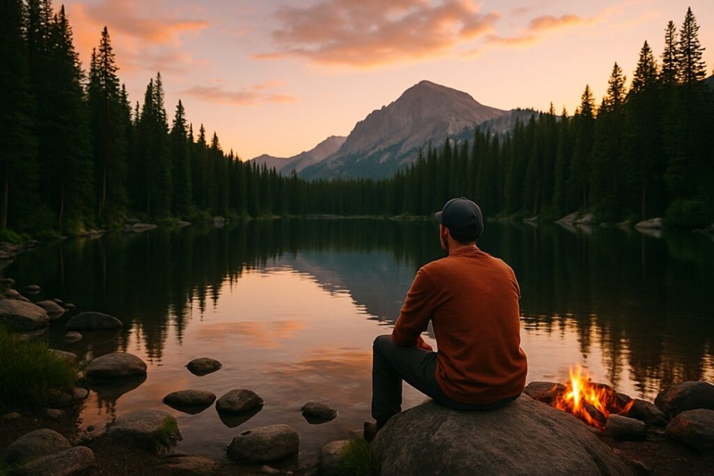 A tourist sits on a rock near a lake in the forest