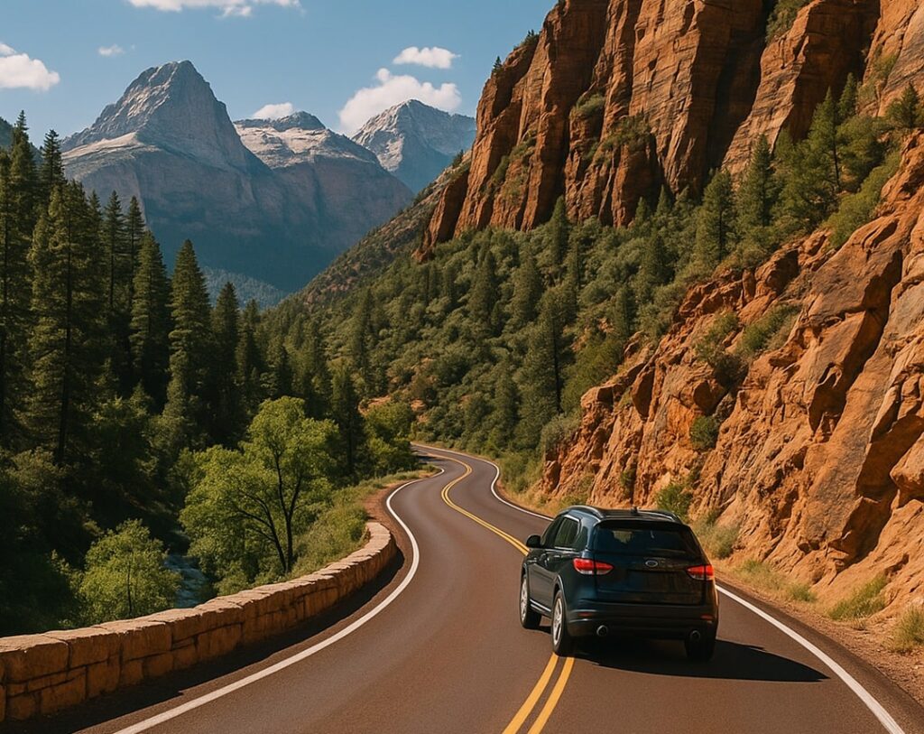a car is driving along a mountain serpentine